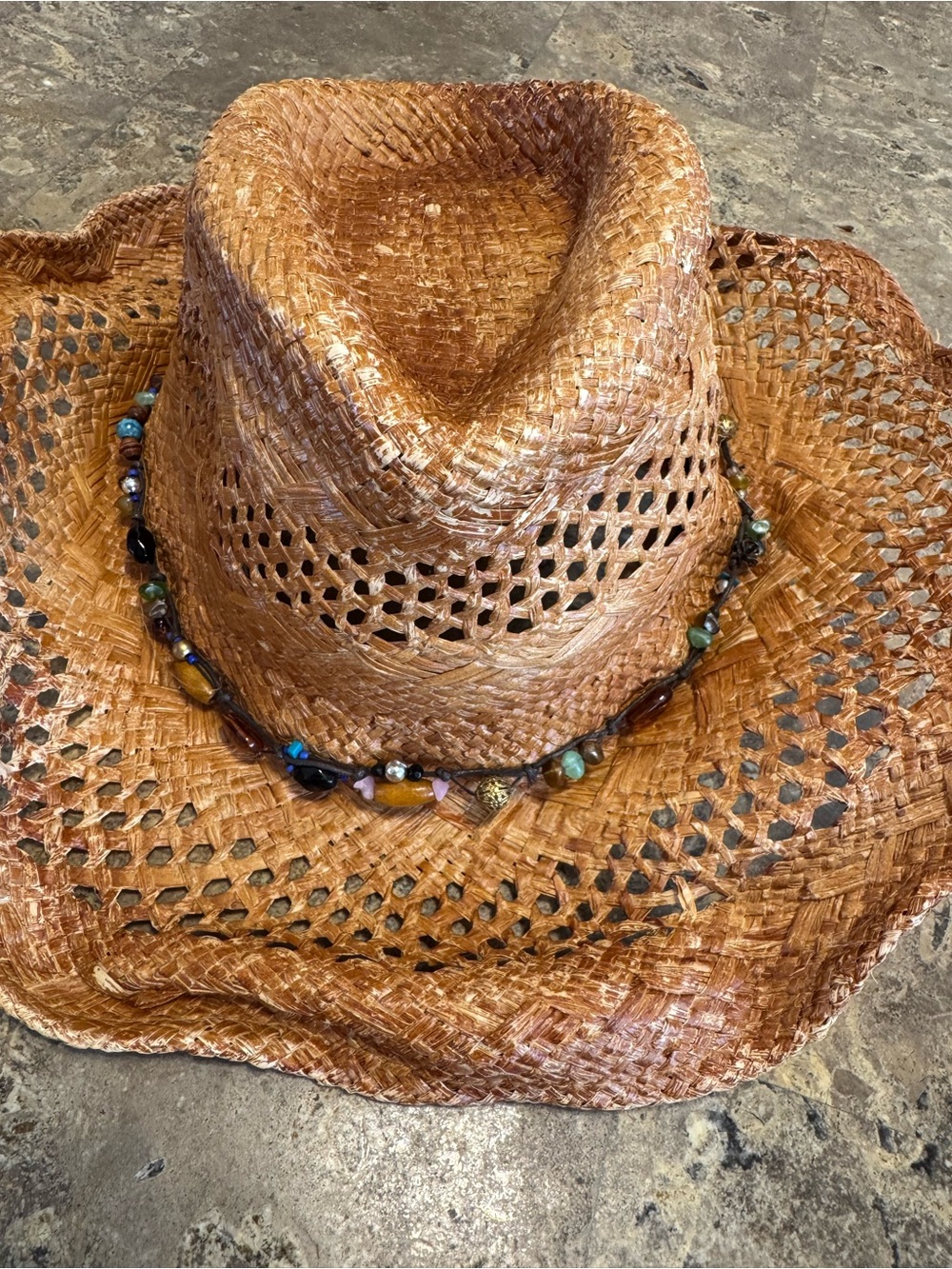 Vintage 2000s Scala Distressed Straw Cowgirl Hat Beaded Western Boho Y2K OS